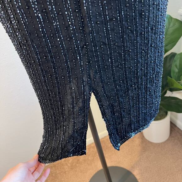 Black 100% Silk Beaded Sequin Sparkle Short Sleeve Knee Length Dress Size 22/24 - Picture 6 of 13